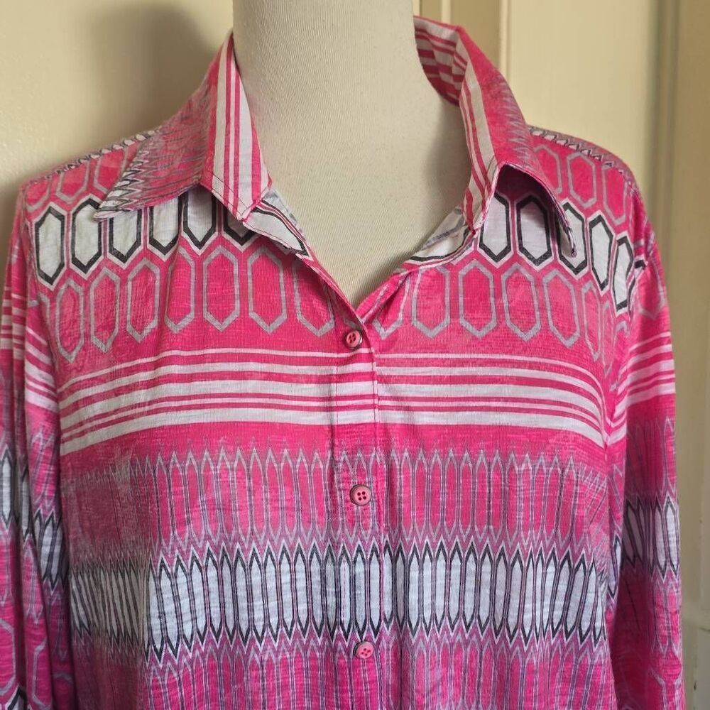 David Cline Pink Geometric Print Snap Front Blouse, long Conv. Slv. EUC, XL - Picture 2 of 12
